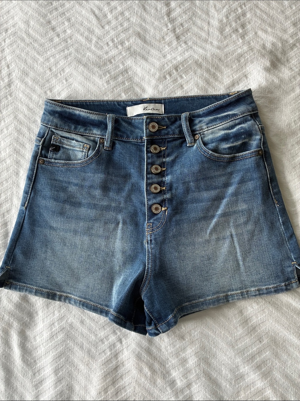 KanCan Medium Wash High-Rise Button-Fly Denim Shorts